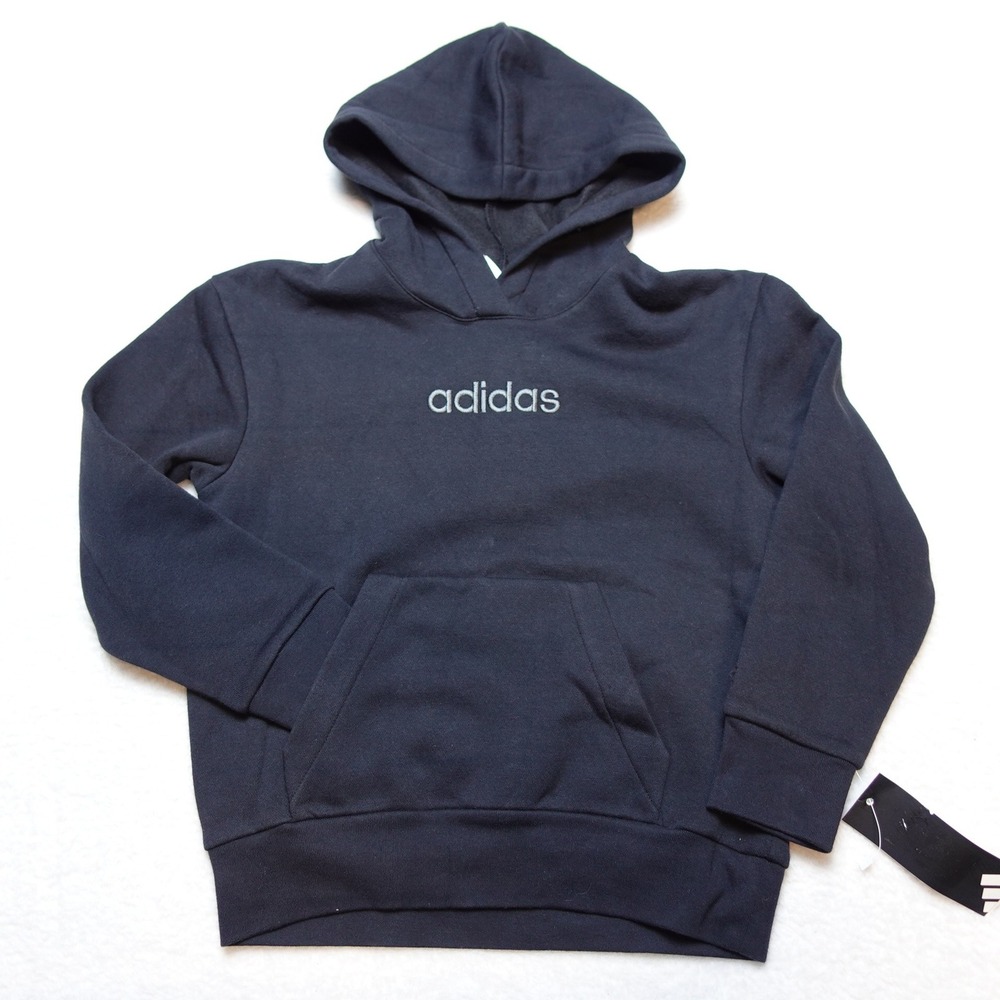 Adidas ESS Linear Fleece Boys Hoodie XS 7 Black Silver Logo KL0611